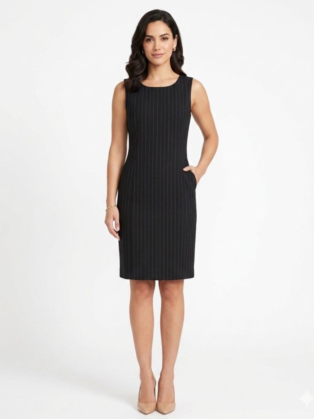 Lk BENNETT VINTAGE  DARK GREY PINSTRIPES SLEEVELESS SHEATH FORMAL DRESS